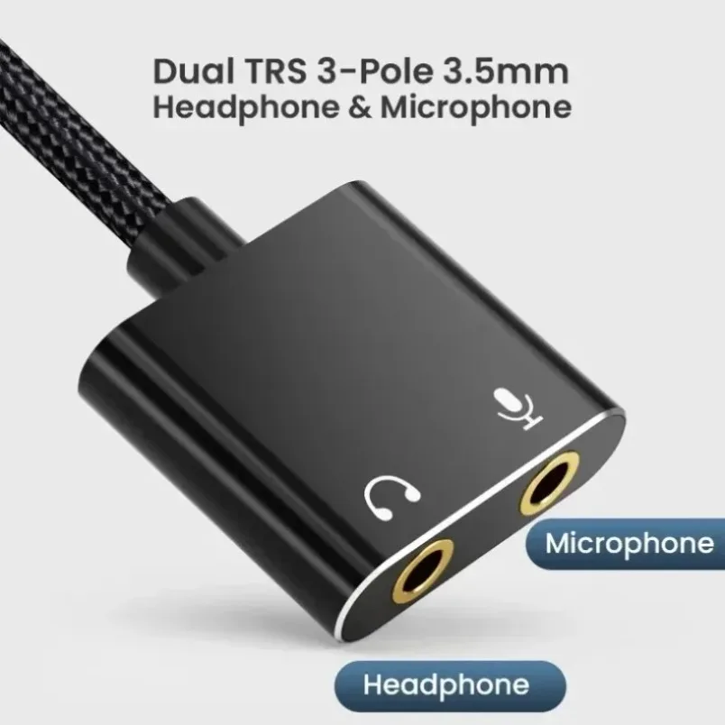 Audio Adapter USB External Sound Card Dual 3.5mm Headphone Mic Jack Alloy Shell Braided Cable for PC Mac PS4 Linux
