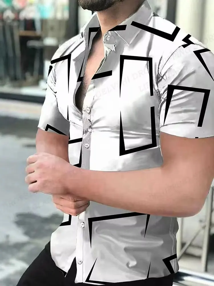 

Summer Men's Short Sleeve Shirt Holiday Style Simple Line Print Loose Casual Men's Short Sleeve Shirt Summer Fashion Clothing