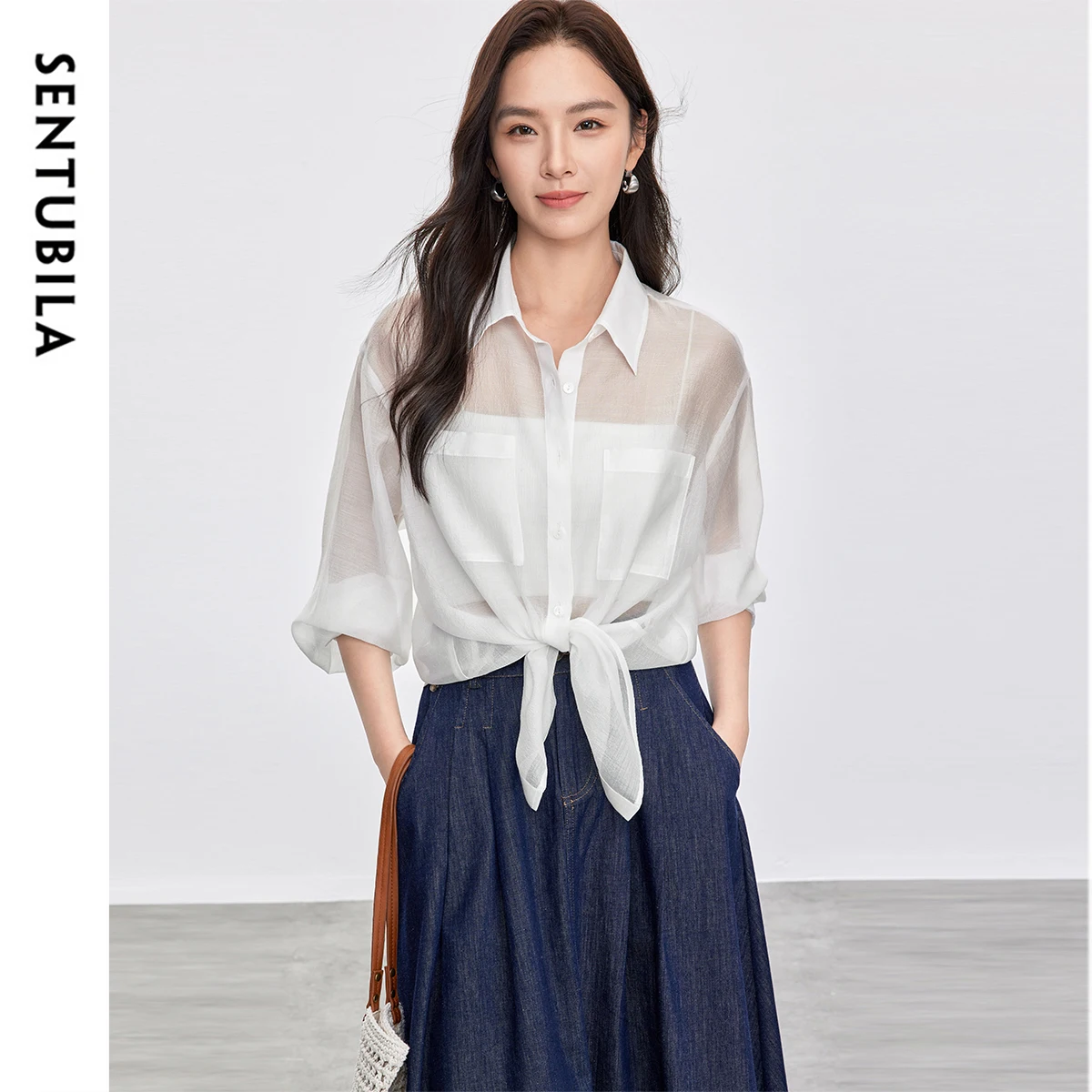 SENTUBILA Elegant Solid Color Women's Shirt 2025 Summer Commute Lapel Drop Sleeve Side Slit Single Breasted Blouses 152C80171