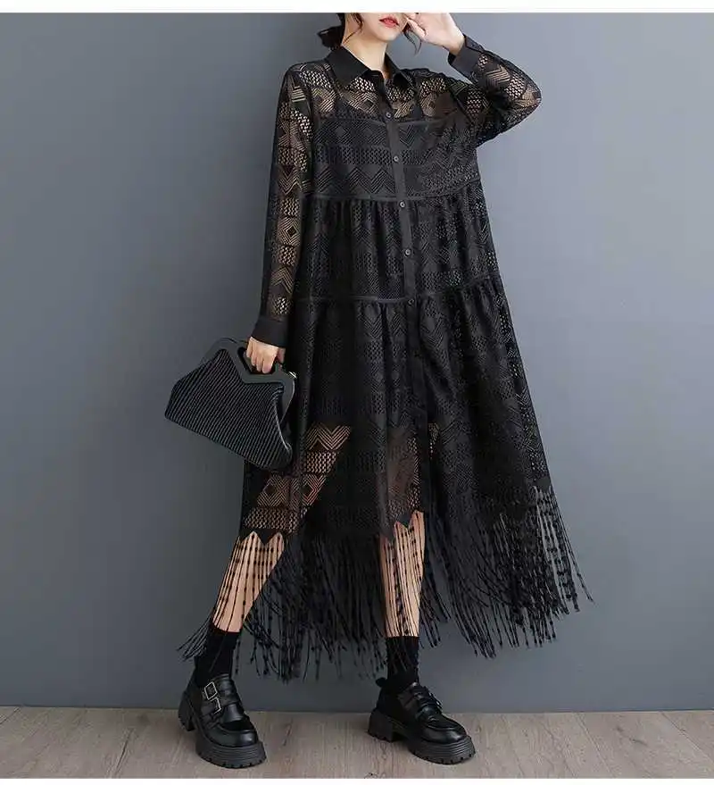 Damen-Hemdkleider, solides Kleid, Ausschnitt, Spitze, gespleißt, lange Ärmel, knöchellang, lockere Passform, gerade, Bürodame, lässig, 2025, Herbst