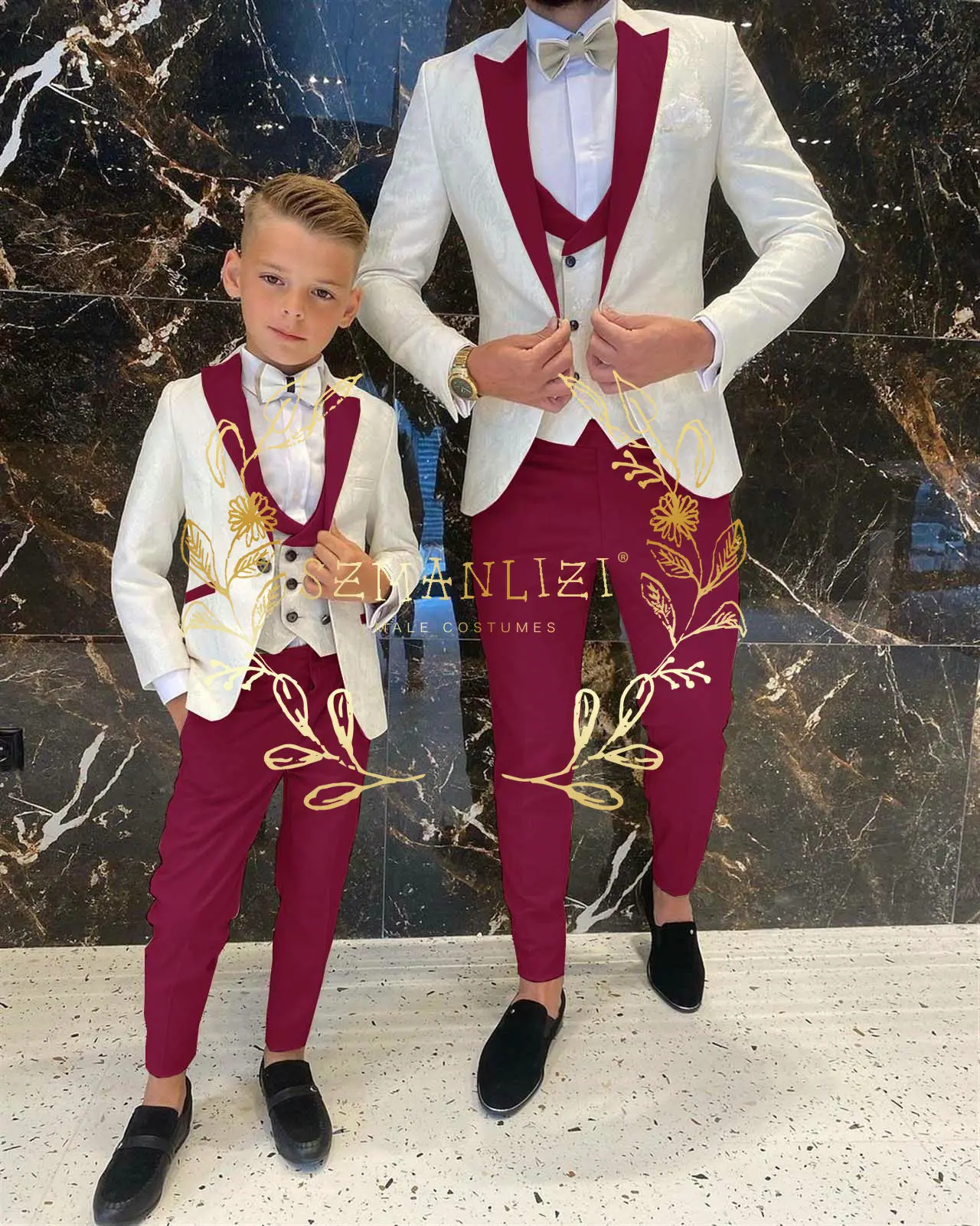 Boy Suits Costume 3 Pieces Child Ivory Jacquard Jacket Sets Flower Boys Formal Party Suit Kids Wedding Suit Tuxedo