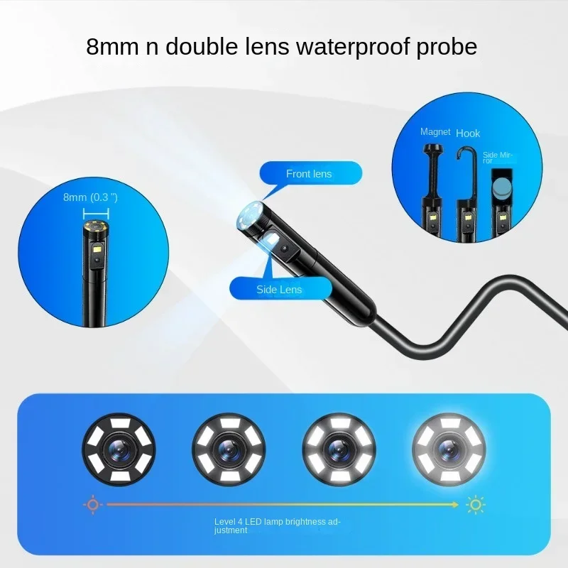 Endoscópio com lente dupla, 4.5 polegadas, 8mm, comutação lateral da lente, armazenamento do tf, fio duro de 5m, endoscópio impermeável ipx5