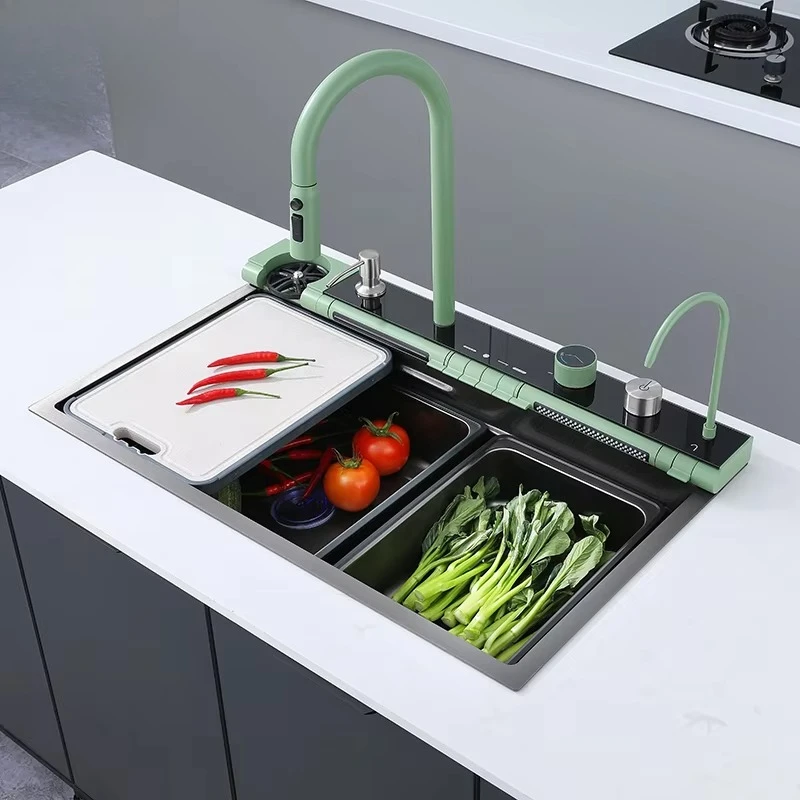 

Stainless Steel Single Bowl Anti-rust Anti-scratch Handmade Digital Display Green Waterfall Bottom Smart Digital Kitchen Sink