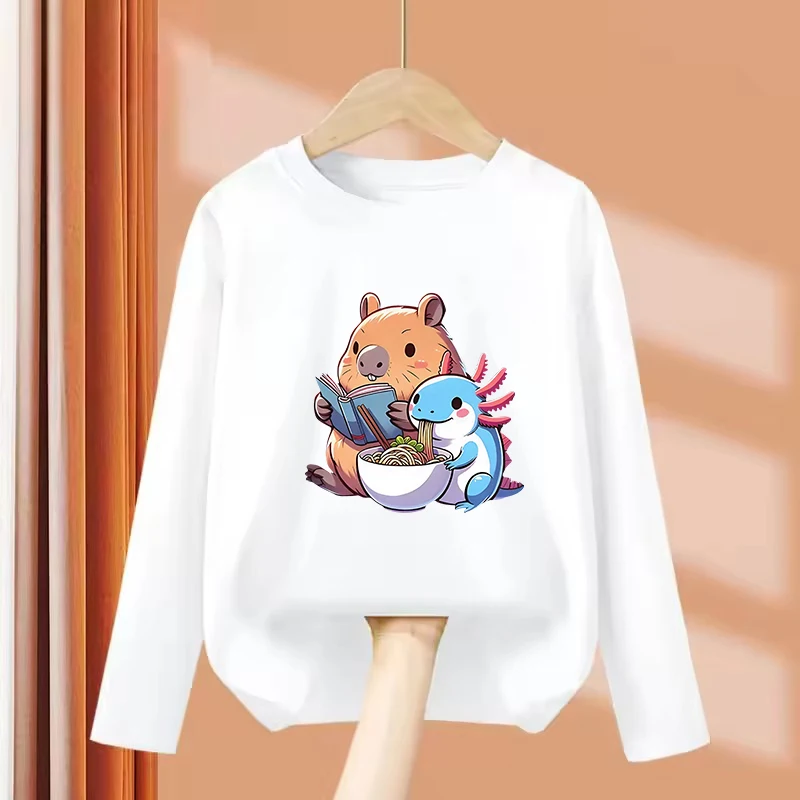 Long Sleeve Kawaii Anime Capybara Funny T Shirts Manga Kids Children's T-shirt Boys Girls Summer Spring Casual Top Tee Shirt