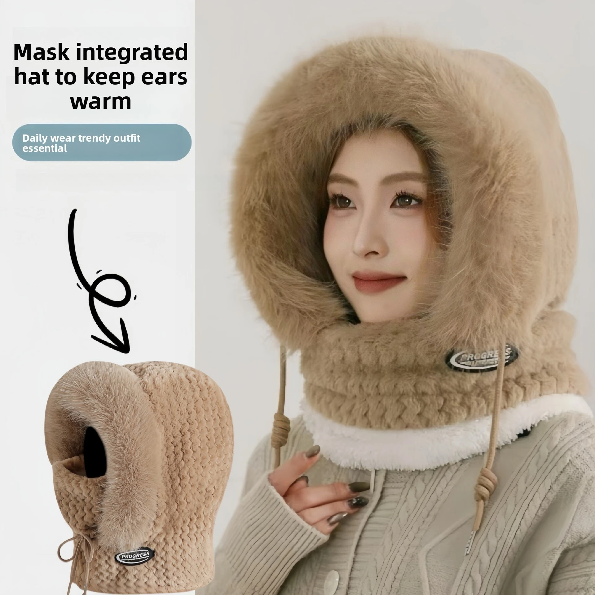 Hearing Protection Women Winter Plush Integrated Neck Warmer Face Mask Protective Hat Windproof Warm for Cycling Electric