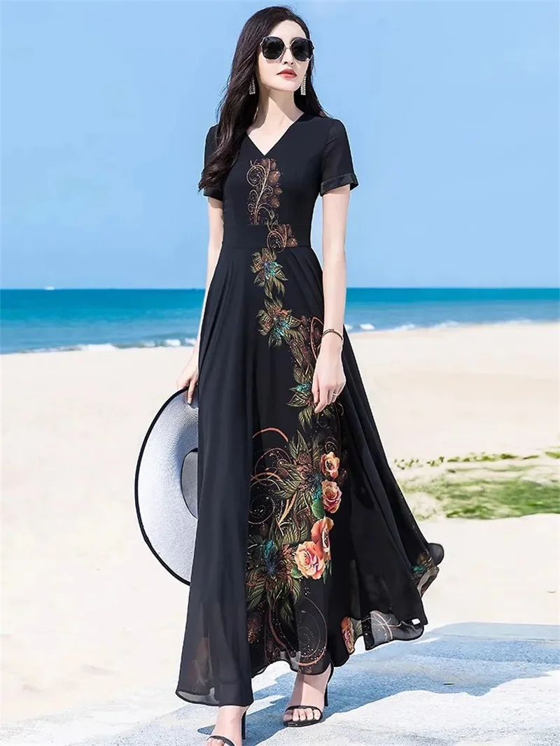 Elegant Summer Dress Short Sleeve High End fake Two-Piece Dress 2025 New Fashion Print Slim Fit And Slimming To Ankle Long Skirt