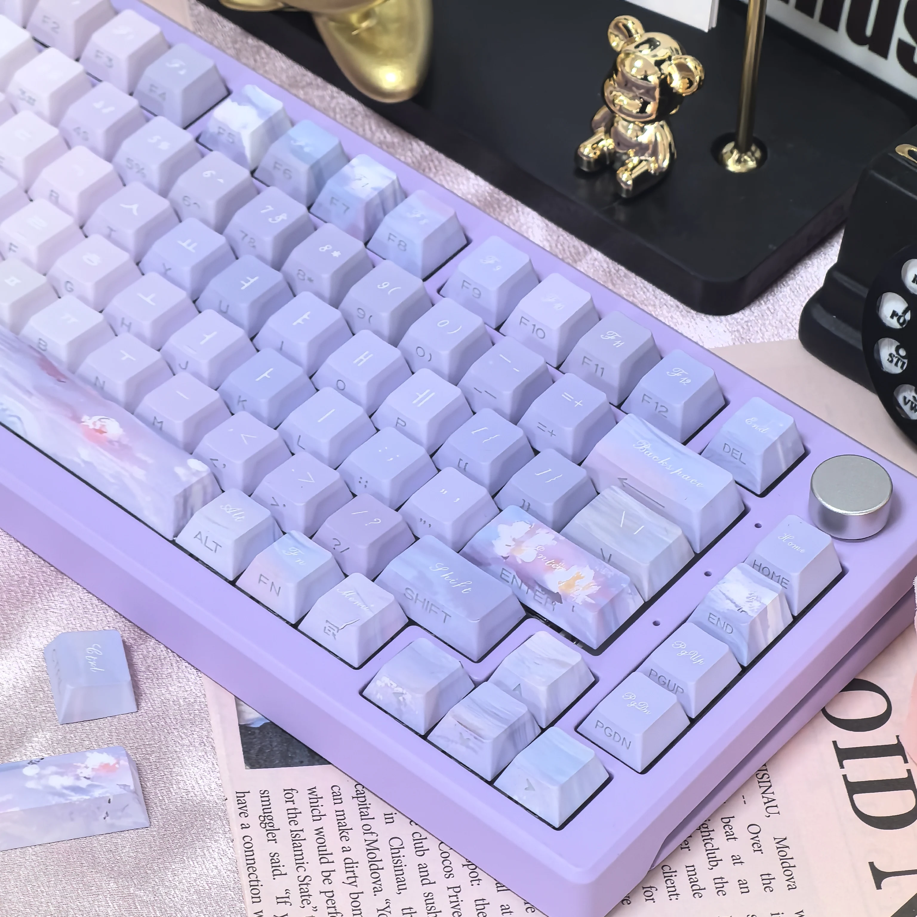 korean Purple Keycap 130Key Monet Dreamy Water Lily KR keycap Pbt Cherry Sublimation DIY Side-Engraved Translucent Hangul Keycap