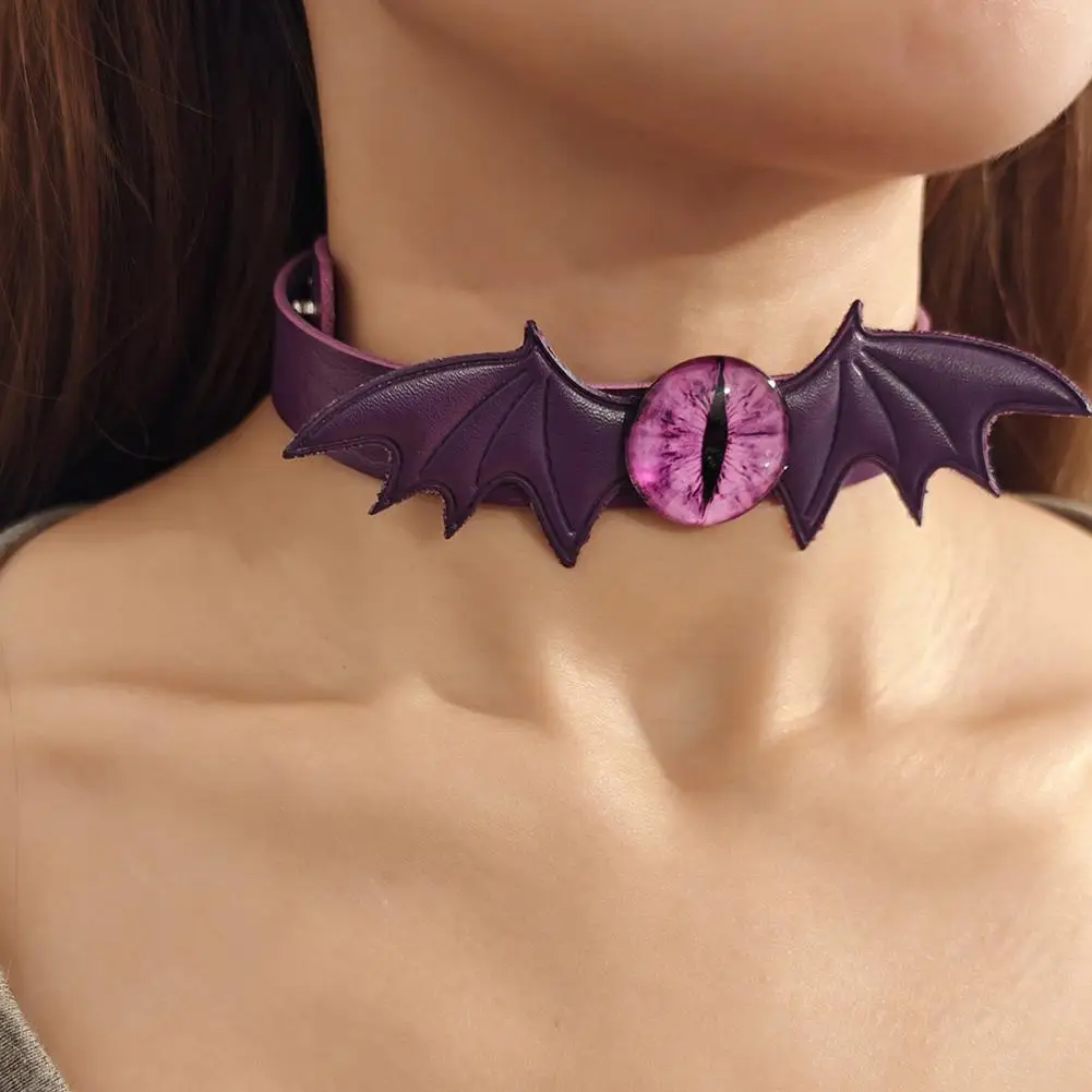 Gothic Bat Leather Choker Necklace Devil Eyes Collar Adjustable Bat Wing Clavicle Halloween Party Jewelry Women Men