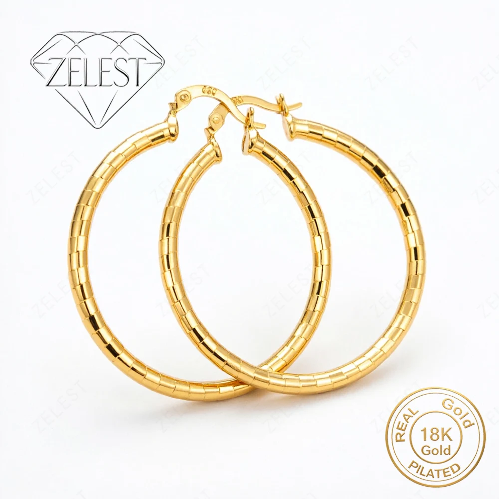 18K Gold-Plated 40mm Exquisite Checkered Pattern Large Earrings – Stylish Wedding Jewelry & Gift for Women