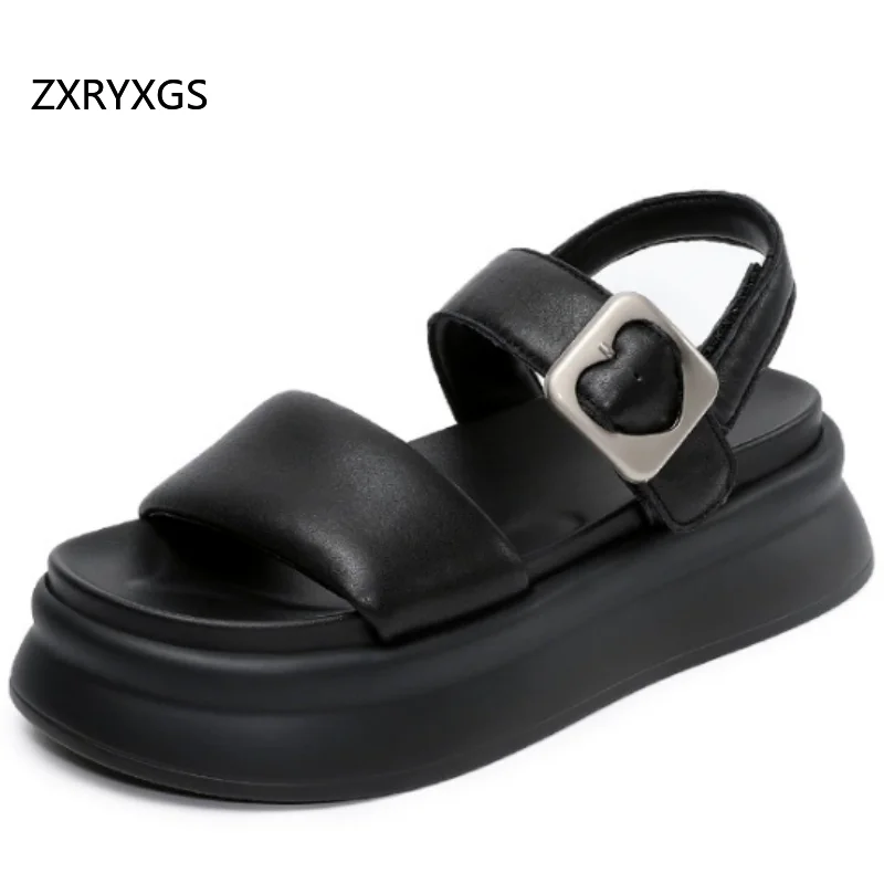ZXRYXGS 2026 New Summer Open Toe Sheepskin Leather Sandals Increase Height Thick Soled Roman Sandals Ladies' Fashionable Sandals