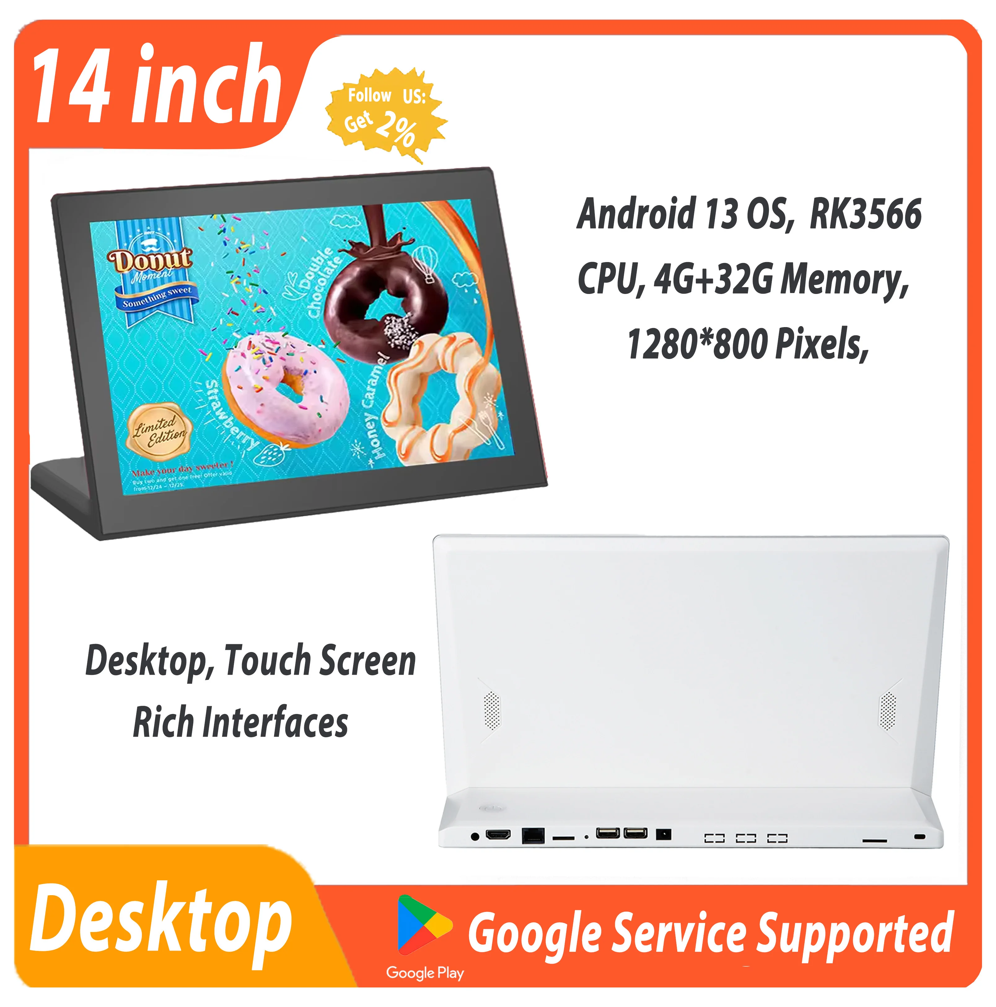 2 PCS L Shape 14 Inch Android 13 Desktop Touch Tablet, Restaurant Menu Customer Ordering POS, Cheap POS With Large Screen