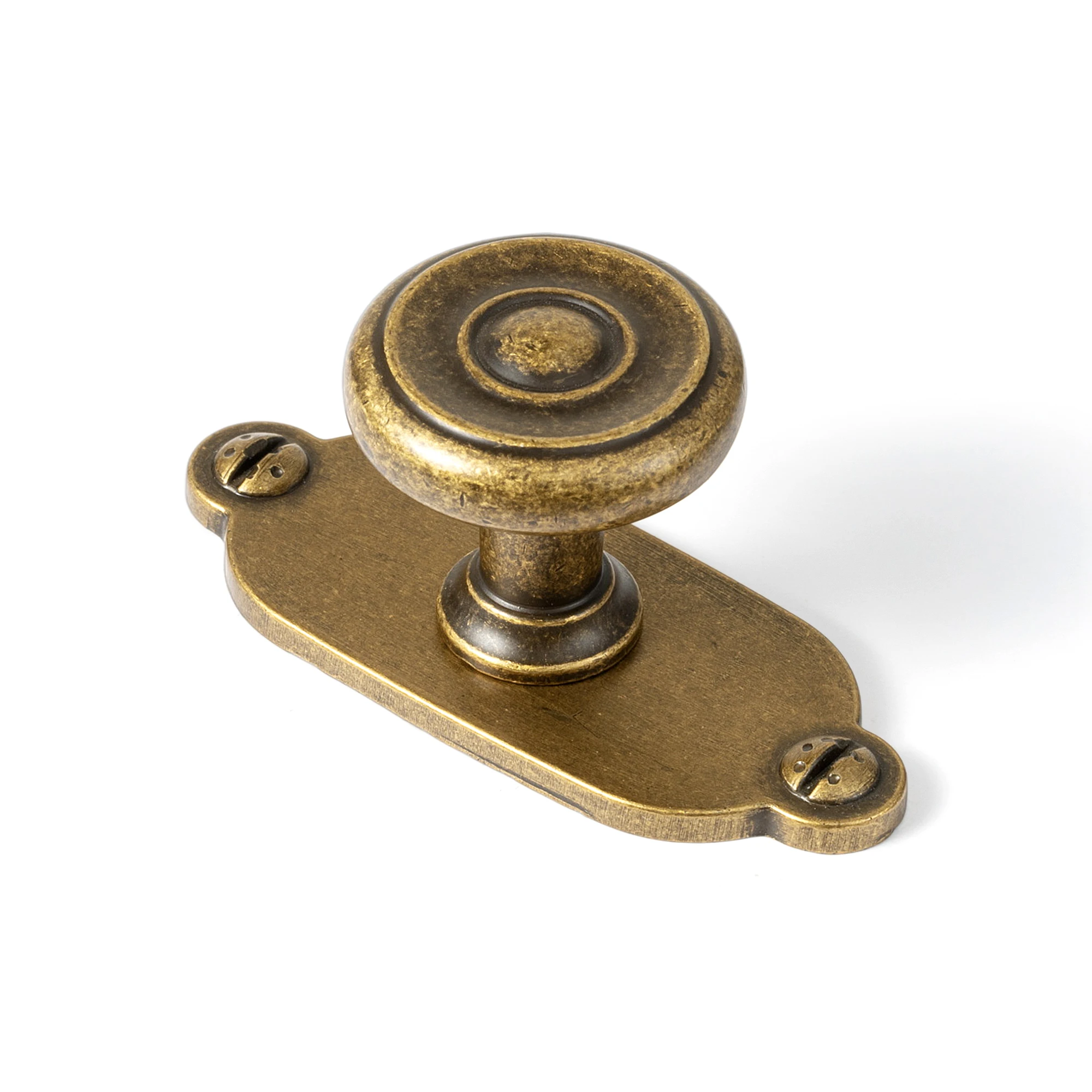 Goo-Ki Antique Brass Cabinet Knobs, 2-3/4 in Keelplate Backplates, 6 Pack Zinc Alloy Construction, Art Deco Stepped-Ring Profile, Warm Aged-Gold Tone, For Kitchen Cupboards, Vanities And Dressers