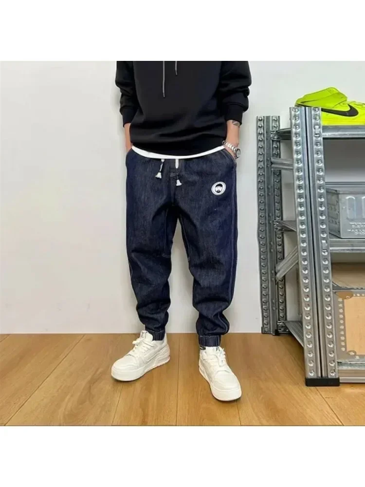 Autumn Men's Jeans High Street Baggy Denim Casual Drawstring Elastic Waist Trousers Youth Trendy Harem Pants Hombre Streetwear