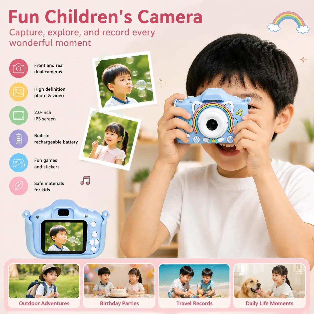 Kids Camera 1080P HD Video 2.0in Screen Anti-drop Silicone Cover Toddler Toy Camera Nice Christmas Birthday Gift For Boys Girls