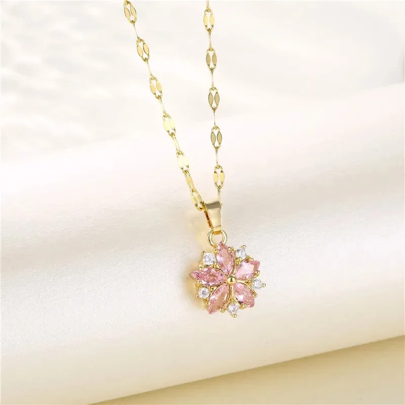 New Sweet Pink Cherry Blossoms Pendant Stainless Steel Necklaces For Women Korean Fashion Temperament Clavicle Chain Jewelry