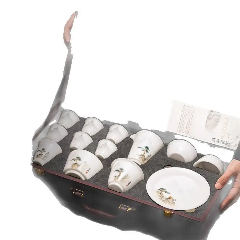 Ice suet jade tea set, home hand-painted kung fu cover bowl teapot, light luxury high-end gift box