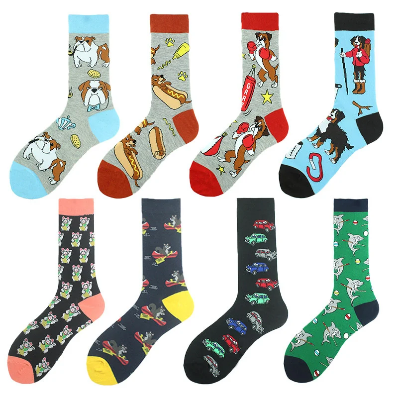 Men's Socks Harajuku Cartoon Personality Casual Funny Happy Animal Duck Dog Printing Skateboard Christmas Gift New 2022