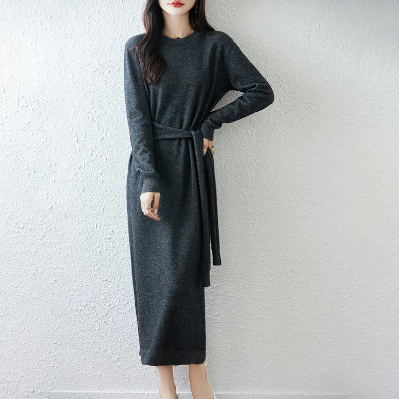 

MEETCC женское утолщенное платье из 100% мериносовой шерсти с круглым вырезом, элегантное платье на шнуровке, осенне-зимнее мягкое теплое платье длиной до щиколотки