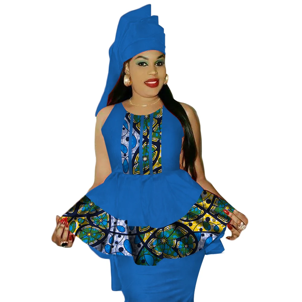 African Traditional Dresses Set for Woman Sleeveless Tops and Skirt and Headscarf Africa Print Patchwork Skirts Set WY3039