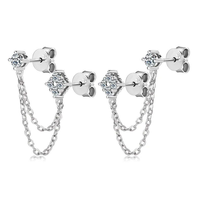 Lnngy 925 Sterling Silber Doppel Ohrstecker Kette Quaste Ohrringe Zertifiziert 3mm & 2mm Blume Moissanit Tropfen Ohrring für Frauen Geschenk – Detail 9