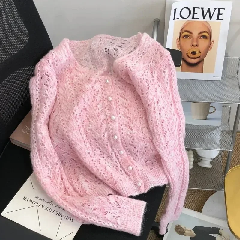 여성 니트 가디건 스웨터 재킷 패션 봄 가을 2024 신상 다용도 레저 얇은 스타일 홀로우 아웃 여성용 탑 코트