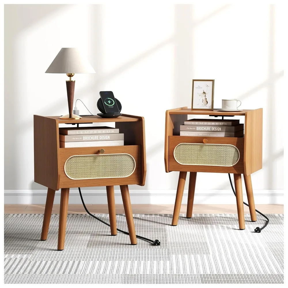 

Комплект из 2 прикроватных тумбочек в стиле Mid-Century Modern, прикроватные тумбочки с ящиками, прикроватный столик из ротанга с зарядной станцией, в стиле бохо, на заказ