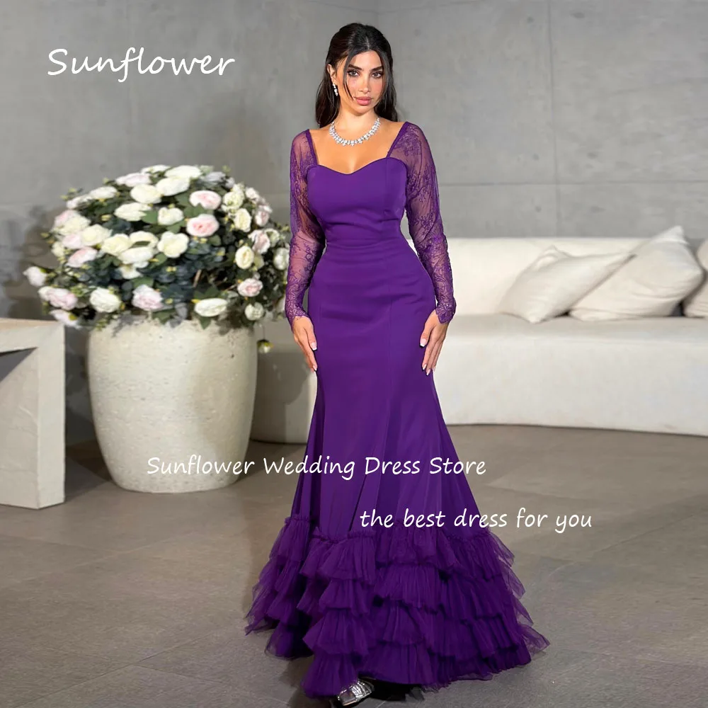 Sunflower Purple Sweetheart Crepe Prom dress 2024 Slim Lace Long Sleeve Evening Dress Zipper Up Tiered Mermaid Party Dress