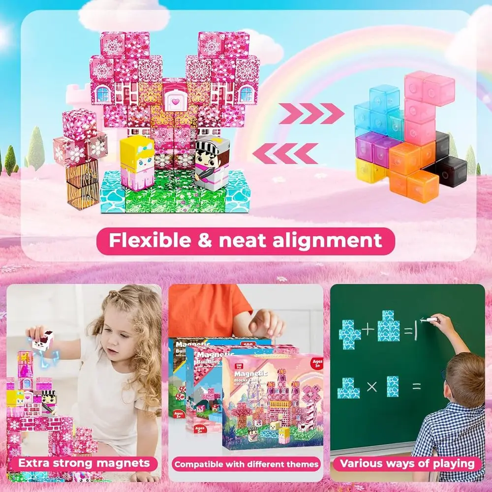 透明な磁気ブロック100ピースセット、4～12歳のお子様向け、ピンクのプリンセス城テーマ、女の子への理想的な贈り物