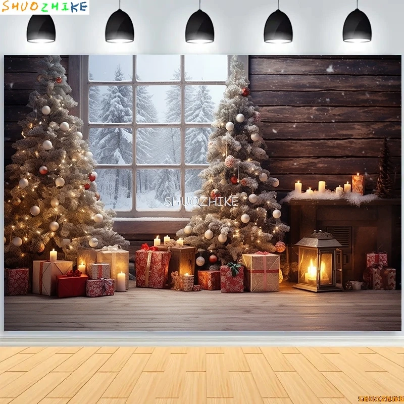 Christmas Tree With Wooden Floor Photography Backdrops Pinecones Snow Fireplace New Year Winter Holiday Party Background DT-28