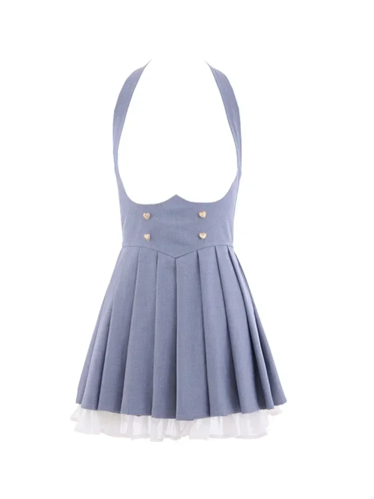 Korean Sweet Suspender Dress Suit Women Cute Vintage Two-piece Set Female 2024 Gray Pleated Mini Dress + Peter Pan Collar Blouse