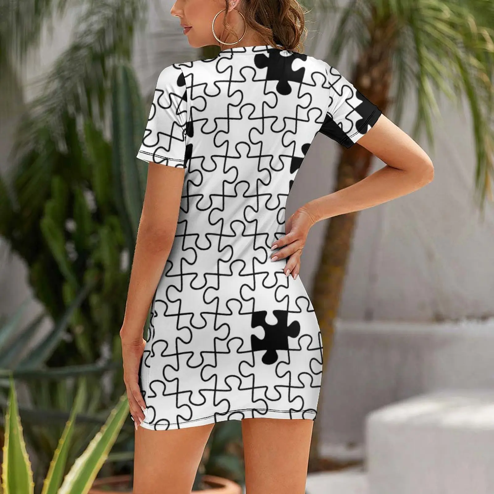 The Missing Piece - Abstract Jigsaw Puzzle Black and White Short Sleeved Dress luxury evening dresses 2024