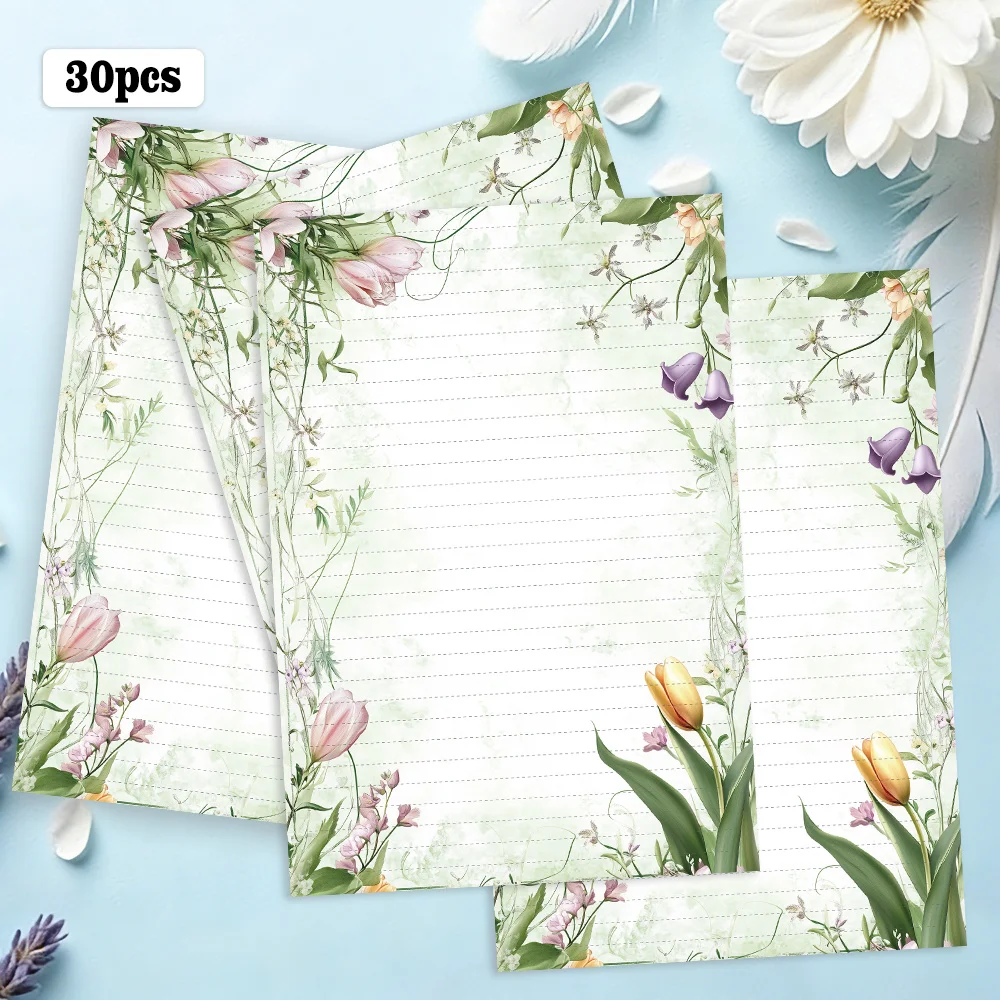 30 Sheets, B5 Spring Tulip-themed Writing Paper, Lined, No Adhesive, Very Suitable For Notebooks, Memos, And Stickers
