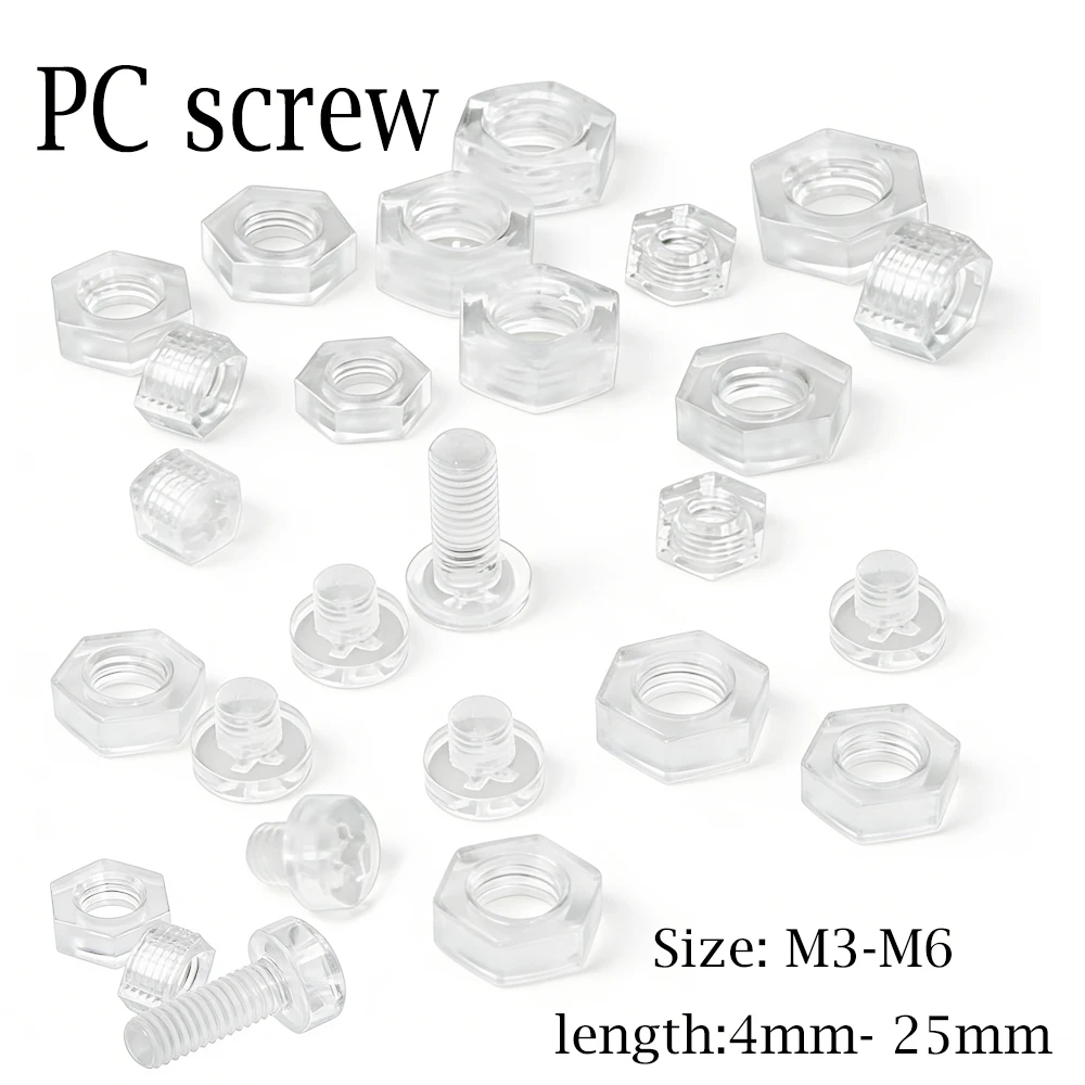 

25/50sets M3 M4 M5 M6 Acrylic Clear Screw & Nut Combination, Transparents Plastic Phillips Round Head Pan Cross Bolt Set