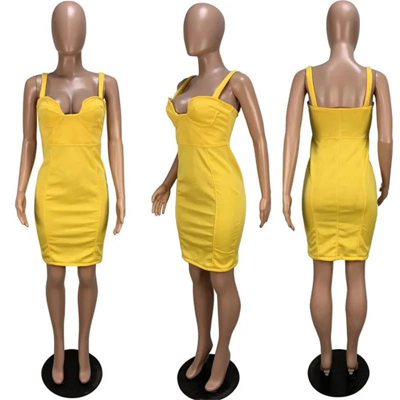 Sexy Mini Bodycon Club Party Dress donna Spaghetti Strap senza spalline Summer Bandage Dresses Short Slim Yellow Elegant Club Dress