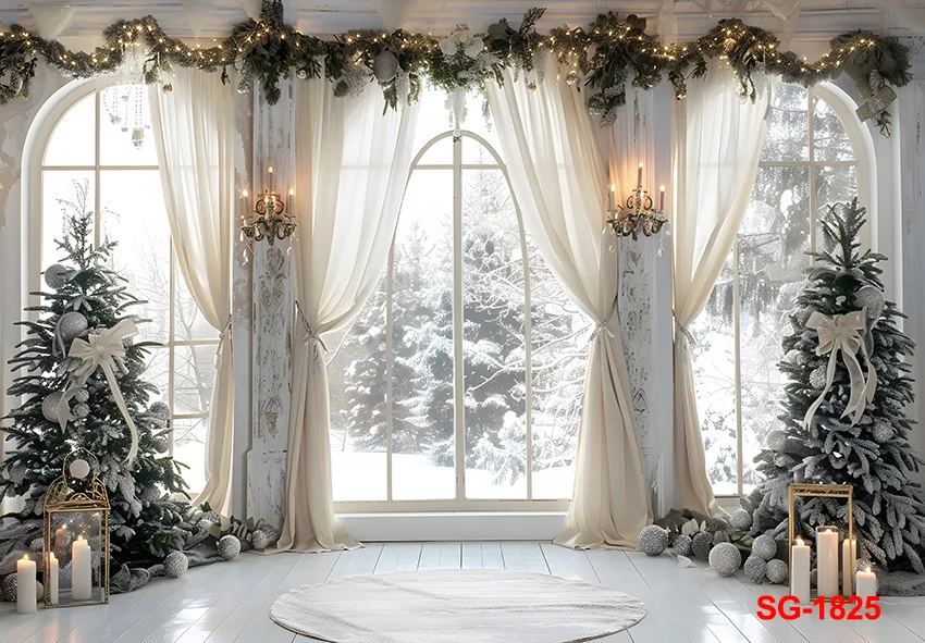 Christmas Window Photography Backdrop Airy Winter Interiors with Draped Curtains and Snowy Tree Views for Holiday Photo Sessions