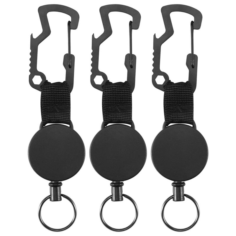 

3 Pack Retractable Keychain - Heavy Duty Badge Holder Reel With Multitool Carabiner Clip,Key Ring With Steel Wire Cord Up To 25