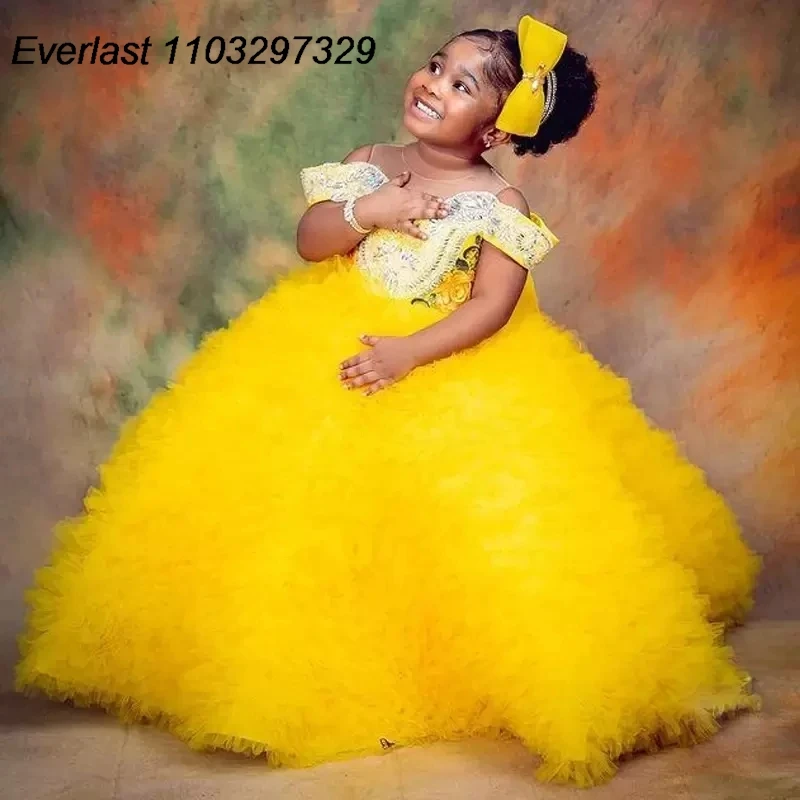 EVLAS Yellow Gold Flower Girl Dress for Wedding Beading Ball Gown Kids Birthday Party Gowns Crystal Toddler Pageant Wears TFD129