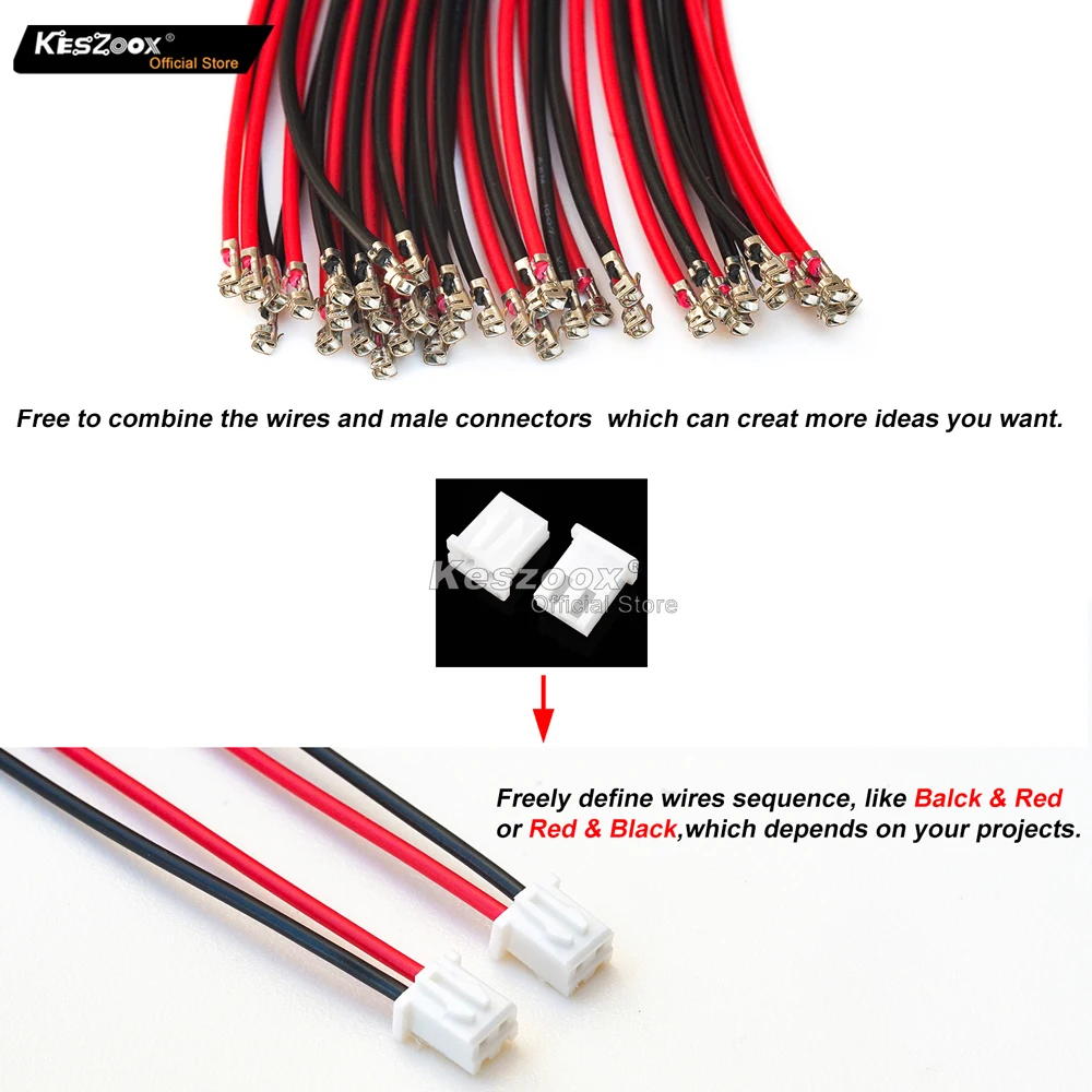 Keszoox XH2.5mm 2Pin JST-XHP-02 22AWG Wire JST Male and Female Connector Housing / Pin Header Wire Connectors Adaptor