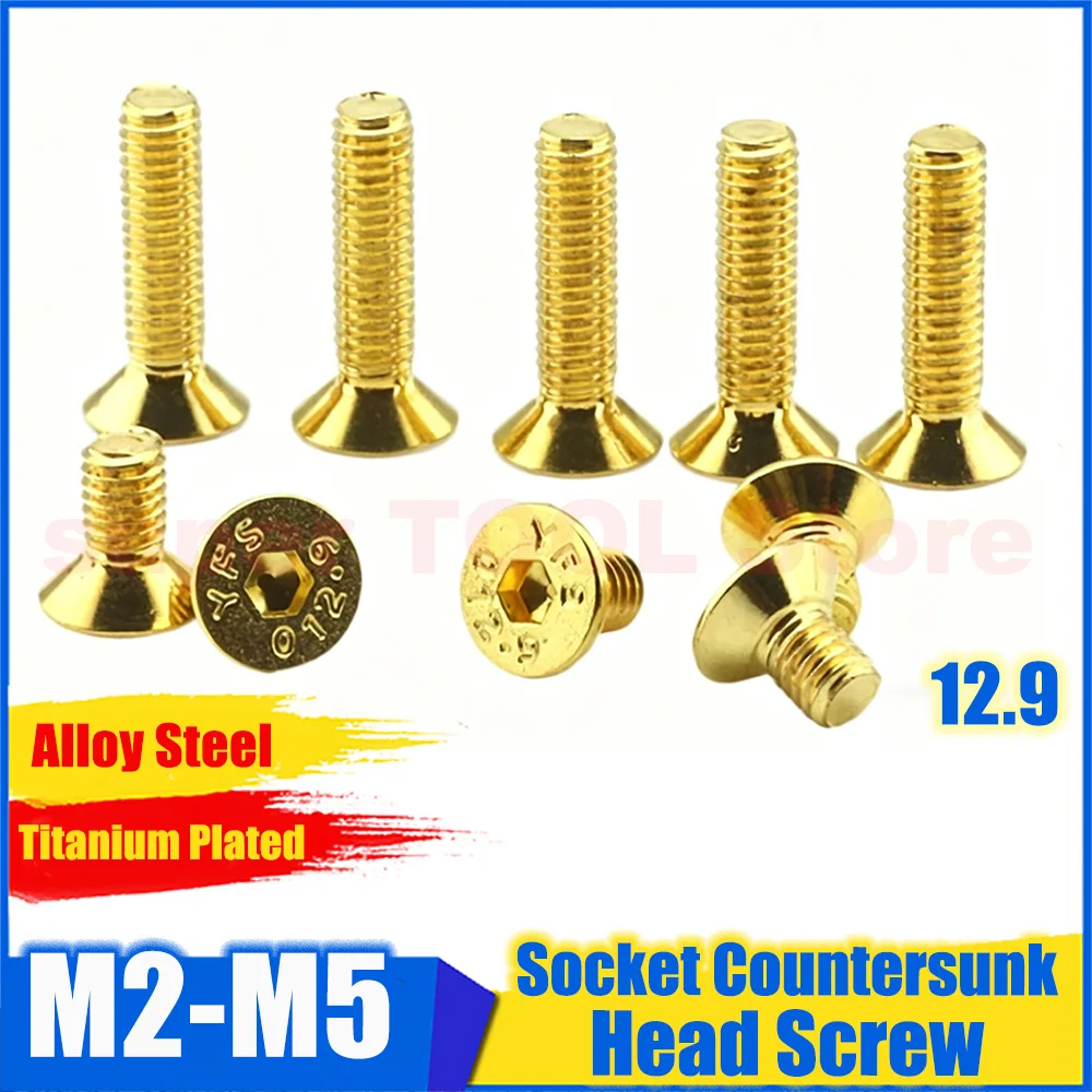 50 Pcs Alloy Steel Flat Head Bolt M2 M3 M4 M5 Grade 12.9 High Strength Titanium Gold Plated Hex Socket Countersunk Head Screw
