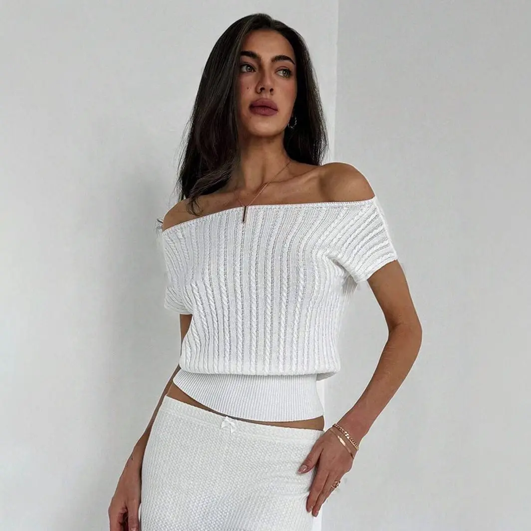 Sexy Spice Girl One-shoulder Knitted T-shirt 2025 Summer Temperament Slim Women's Short-sleeved Sweater