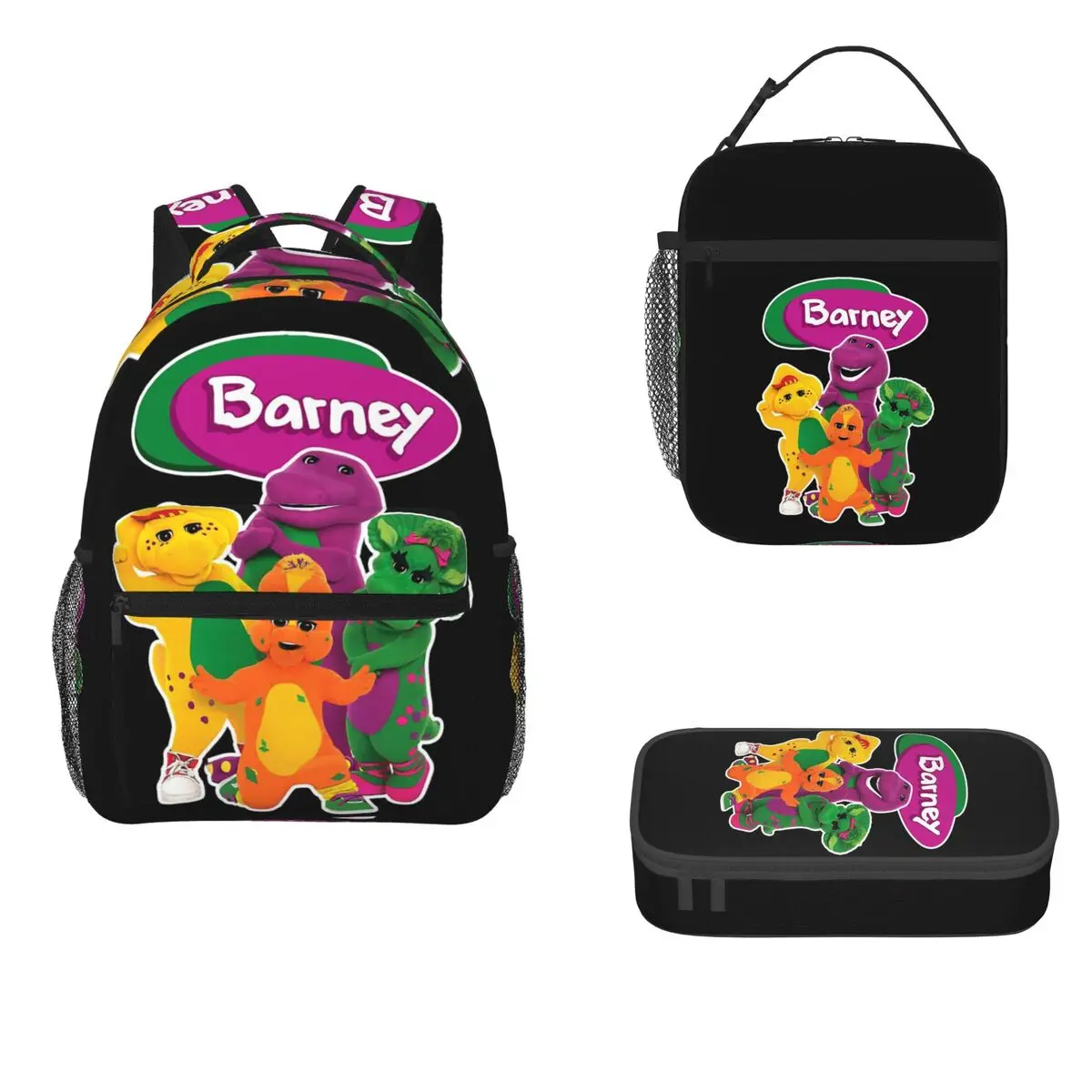 Barney And Friends Backpacks Boys Girls Bookbag Students School Bags Cartoon Kids Rucksack Lunch Bag Pen Bag Three-Piece Set