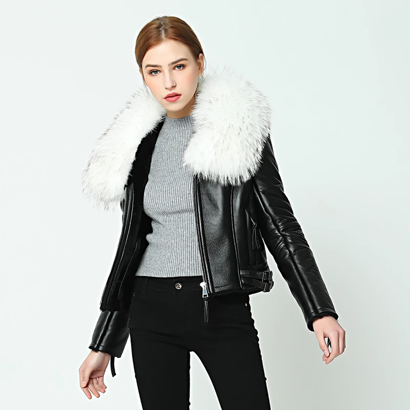 OFTBUY 2022 new Winter jacket coat women Real Sheep skin Leather jacket Double-faced Fur With Raccoon Dog Fur Collar Wool Liner