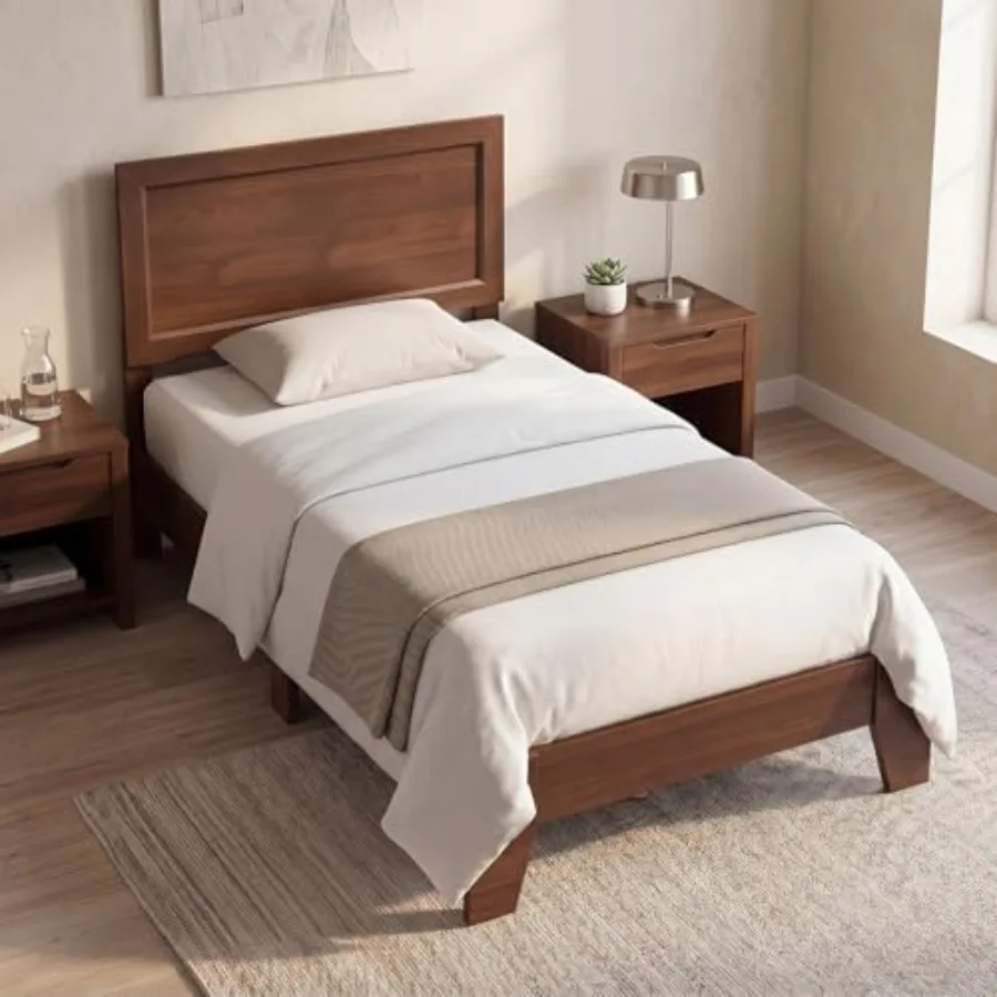 Mid-Century Modern Wooden Platform Bed Frame with Slats, Natural Wood Finish, Under-Bed Storage, No Box Spring Needed