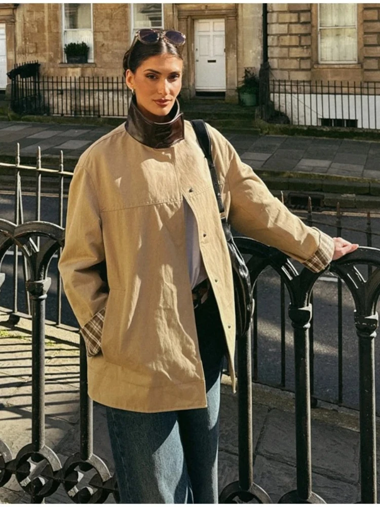 

Женская модная куртка с цветным воротником, блестящая верхняя одежда свободного кроя из хлопковой смеси с длинными рукавами и цветным воротником, новый осенний стиль, женское модное пальто