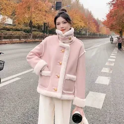 Giacca da donna locomotiva ispessita Vintage manica lunga in lana di agnello calda cappotto Casual Chic cappotto da moto sciolto a contrasto di colore