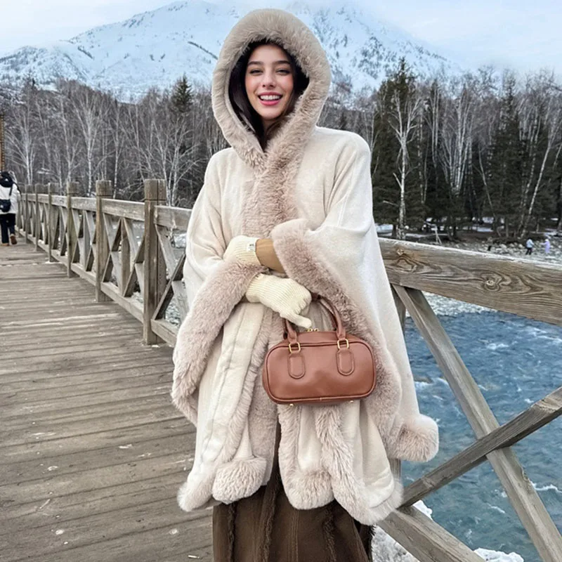 Fashion Elegant Faux Fur Trims Knit Cape Hooded Long Big Outerwear Wraps Women Autumn Winter Party Travel Cloak Poncho