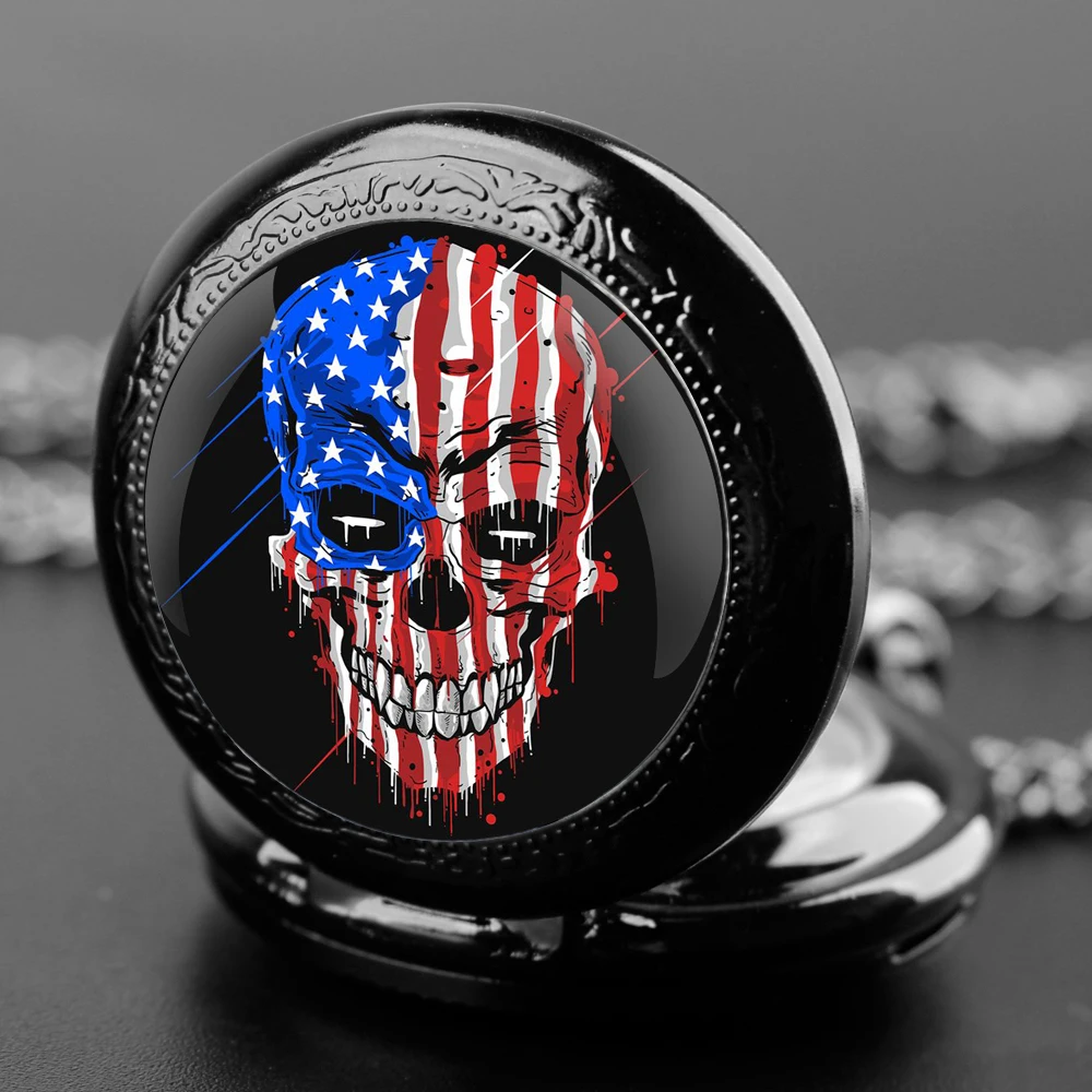 Jam tangan saku kuarsa kubah kaca desain tengkorak bendera Amerika klasik untuk pria dan wanita hadiah Aksesori kalung angka Arab