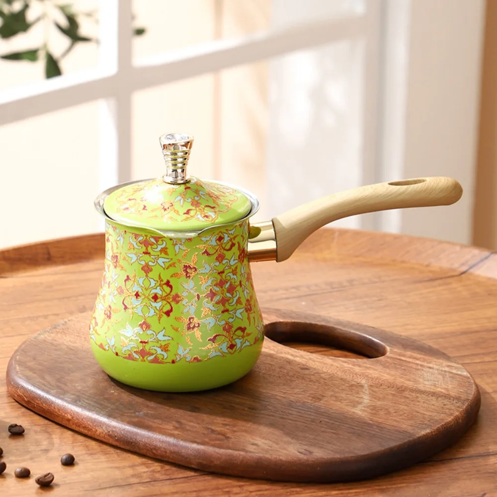 550ml Turkish Coffee Pot Stainless Steel Arabic Style Butter Melting Pot V Shape Diverter Port Long Wooden Handle Milk Pot