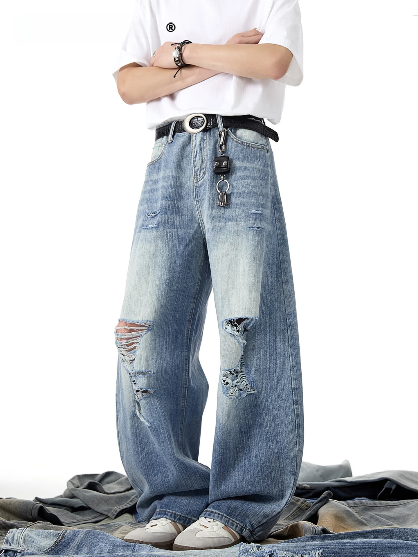 Calças Jeans Americanas Retrô SDMADE com Padrão de Bambu, Perna Larga, Cintura Alta, Jeans com Corte a Fio, Populares entre J...
