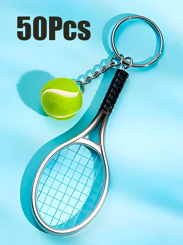 50Pcs Multicolor Mini Tennis Racket Keychains Set, Simulation Tennis Ball Key Rings, Sport Accessory Charms for Car Keys